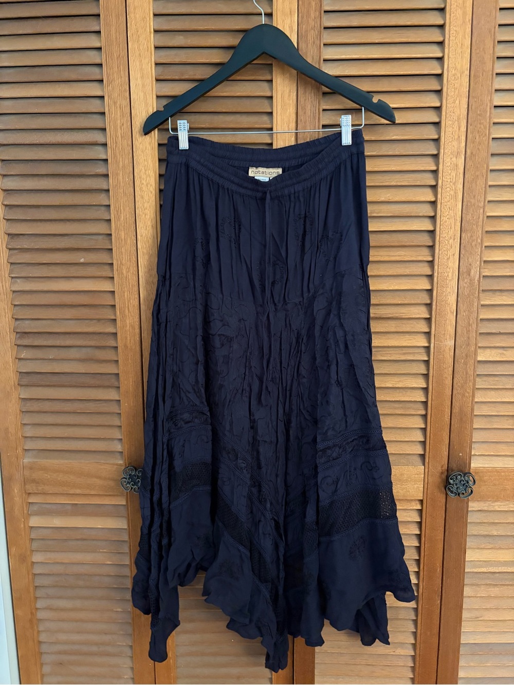 Notations Black Embroidered Maxi Skirt kerchief hem size medium made in India